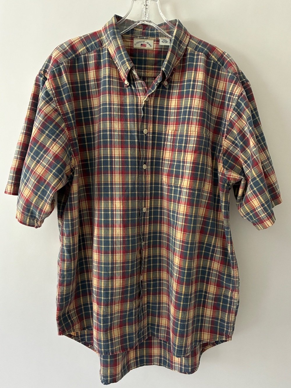 Vtg 90's County Seat Men's XL Blue Plaid Cotton Shirt Short-Sleeve Button-Down